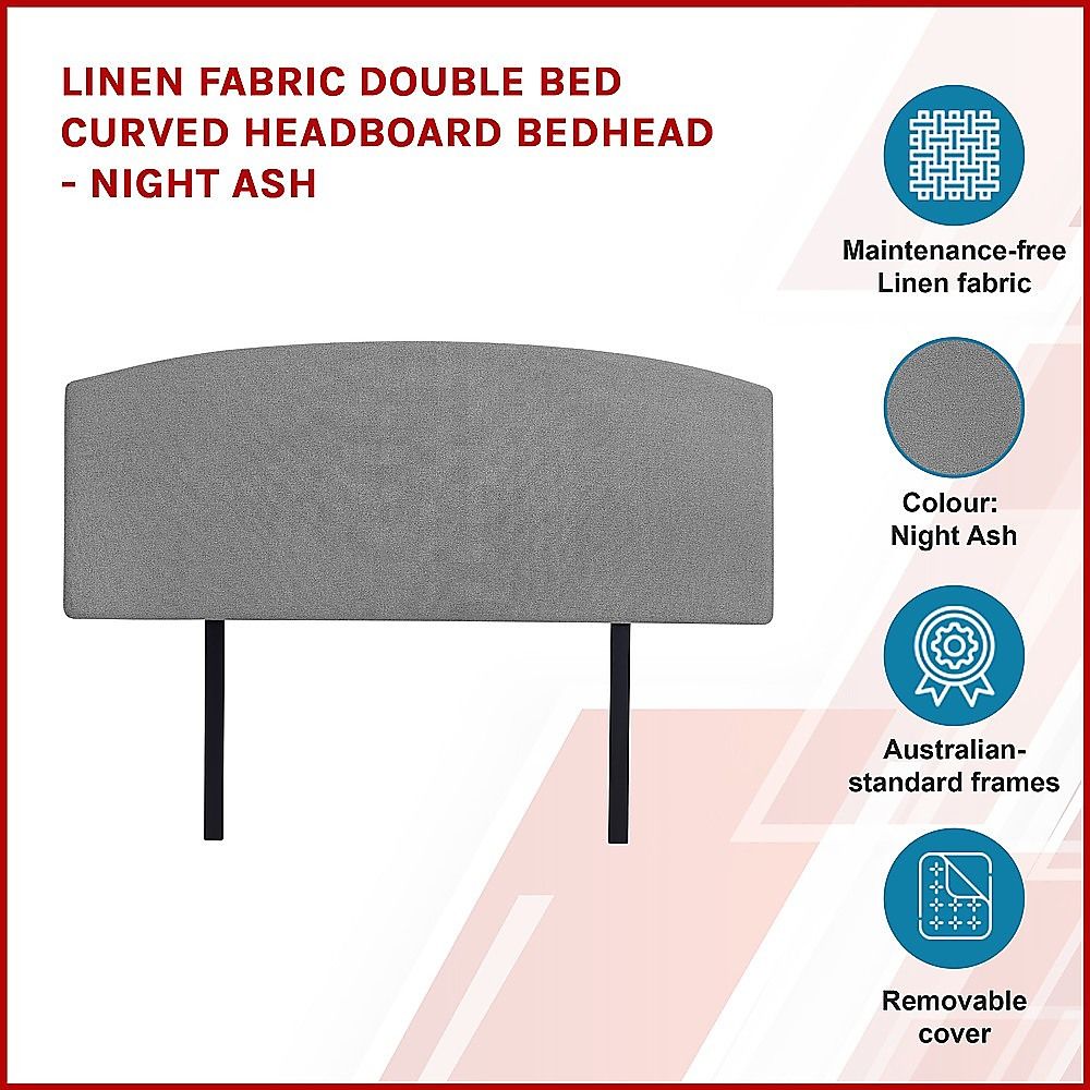Double Curved Headboard Linen Fabric Upholstered Bedhead Adjustable, Night Ash