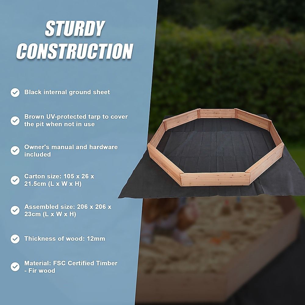 Kids Large Octagonal Wooden Sandpit, FSC Certified Timber, 206cm Bench Seats