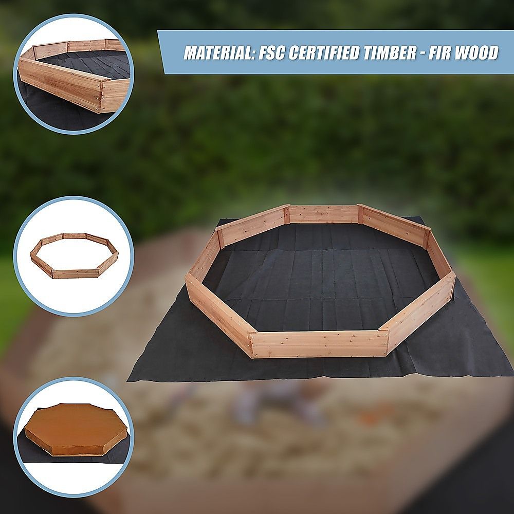Kids Large Octagonal Wooden Sandpit, FSC Certified Timber, 206cm Bench Seats