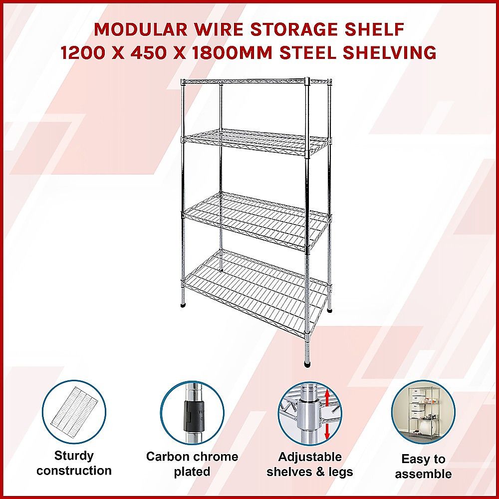 Wire Storage Rack – 120x45cm Chrome Shelving with Fixed Legs