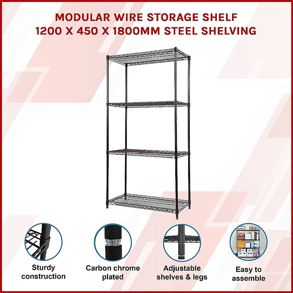 Modular Wire Storage 120x45cm Steel Shelving Black With Fixed Legs For Garage Kitchen Or Retail Storage