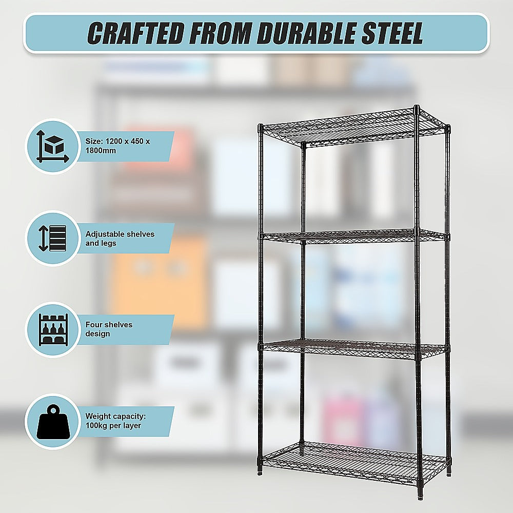 Modular Wire Storage 120x45cm Steel Shelving Black With Fixed Legs For Garage Kitchen Or Retail Storage