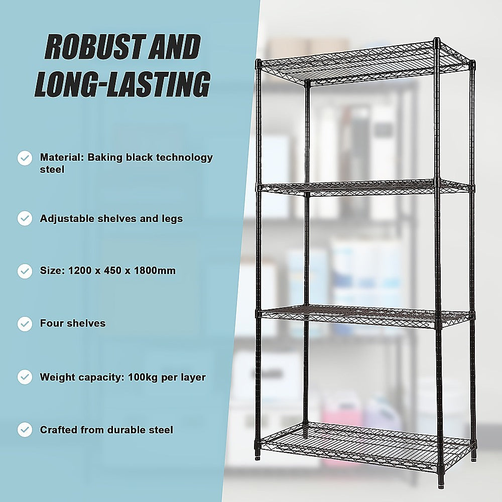 Modular Wire Storage 120x45cm Steel Shelving Black With Fixed Legs For Garage Kitchen Or Retail Storage