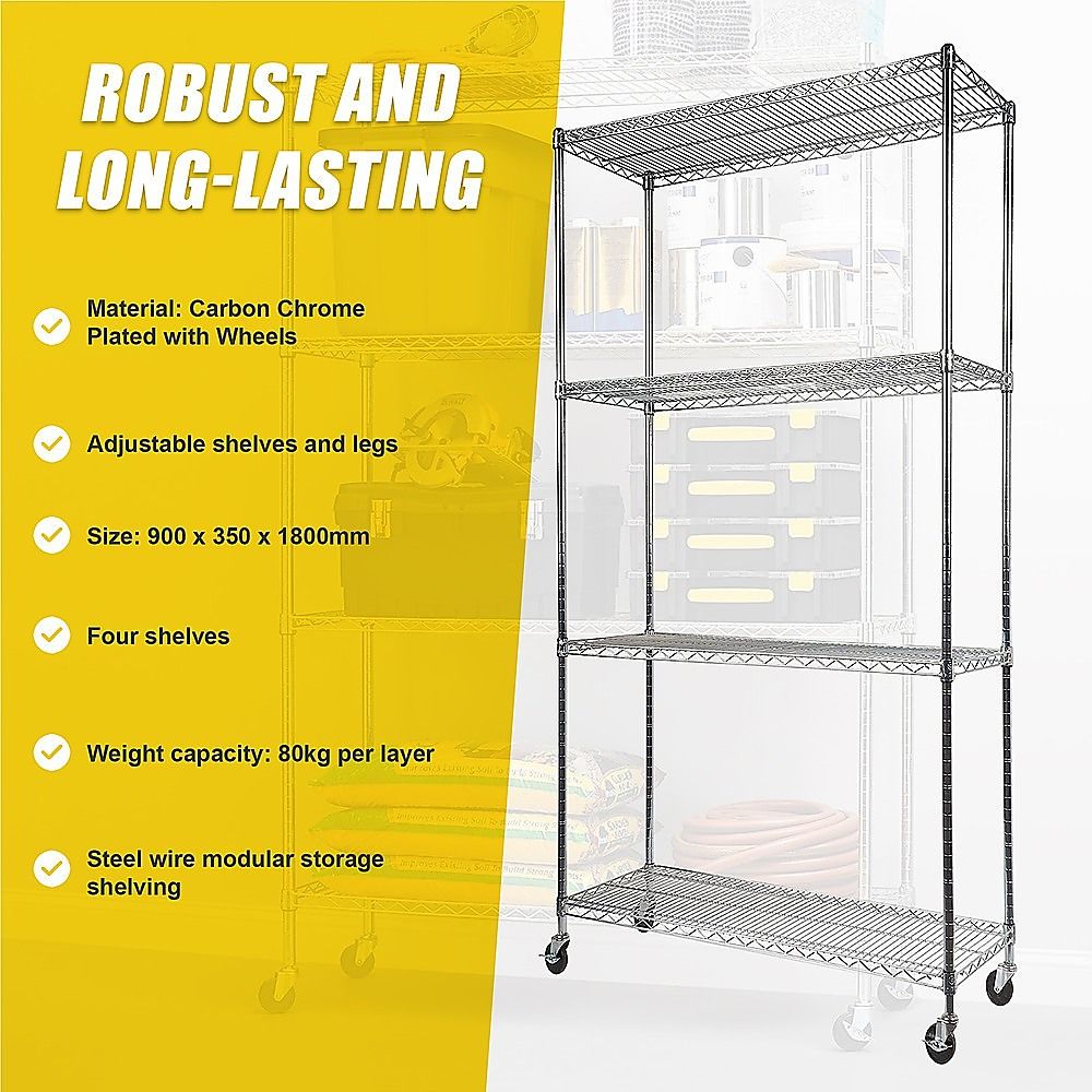 Wire Storage Rack – 90x35cm Chrome Shelving with Wheels
