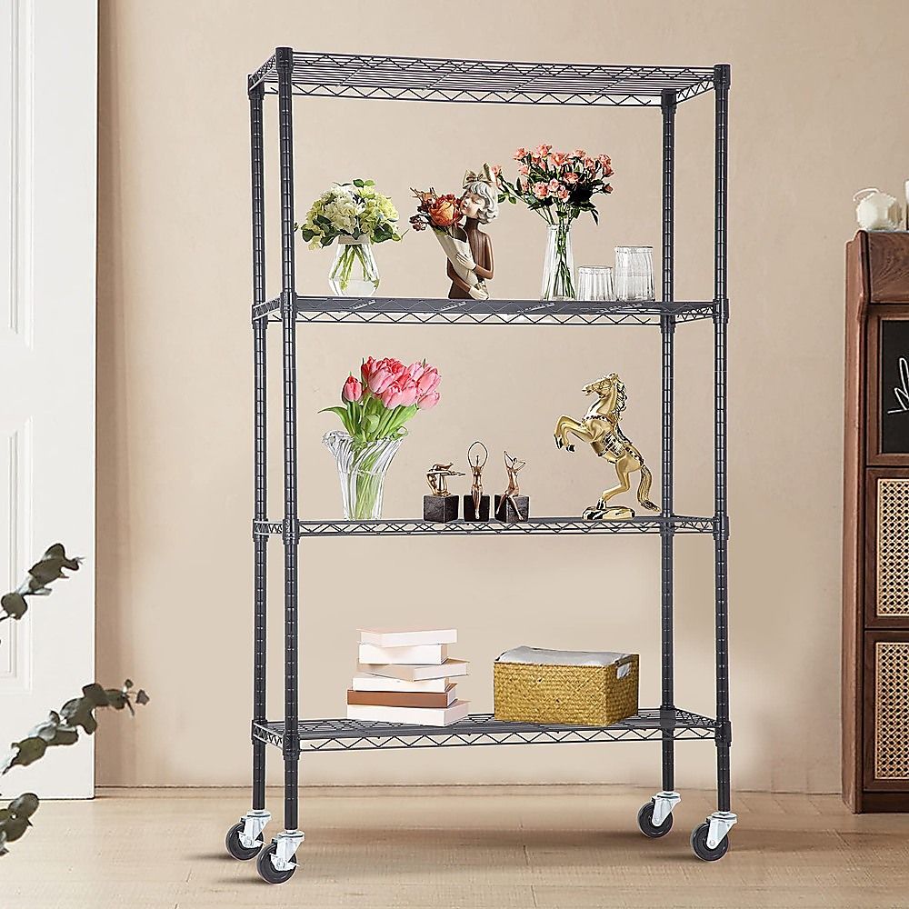 Wire Storage Rack – 90x35cm Black Shelving with Wheels