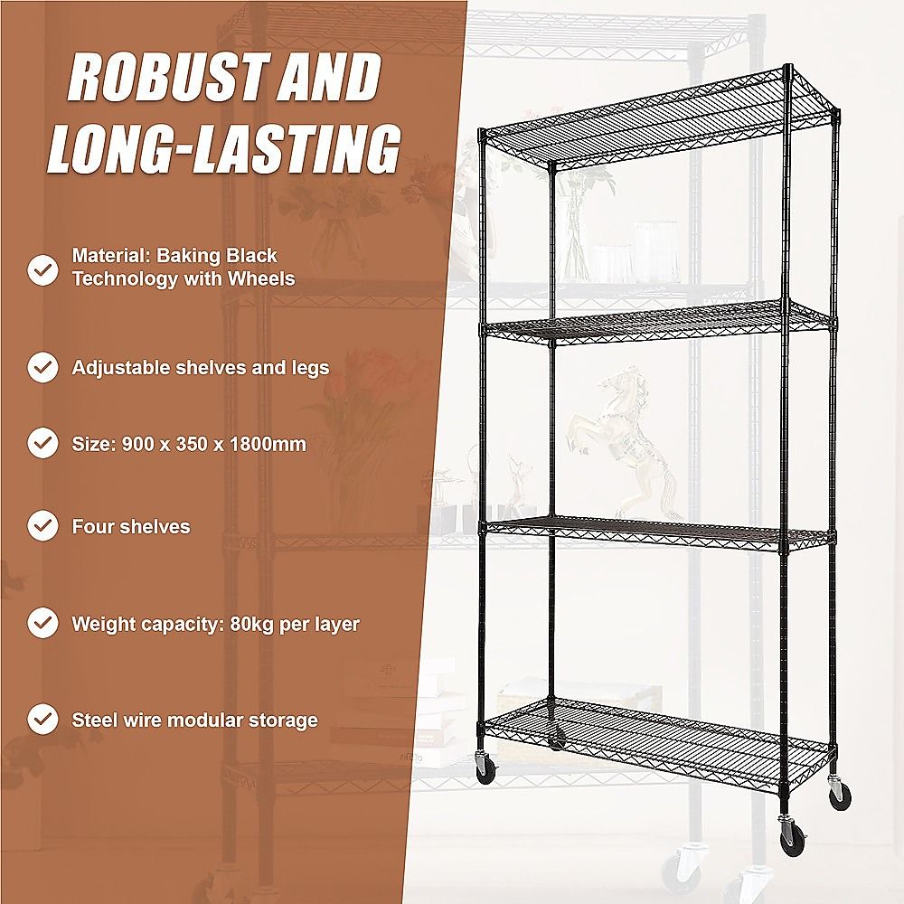 Wire Storage Rack – 90x35cm Black Shelving with Wheels