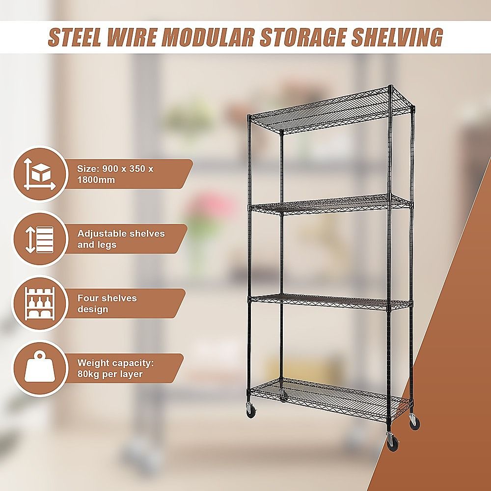 Wire Storage Rack – 90x35cm Black Shelving with Wheels