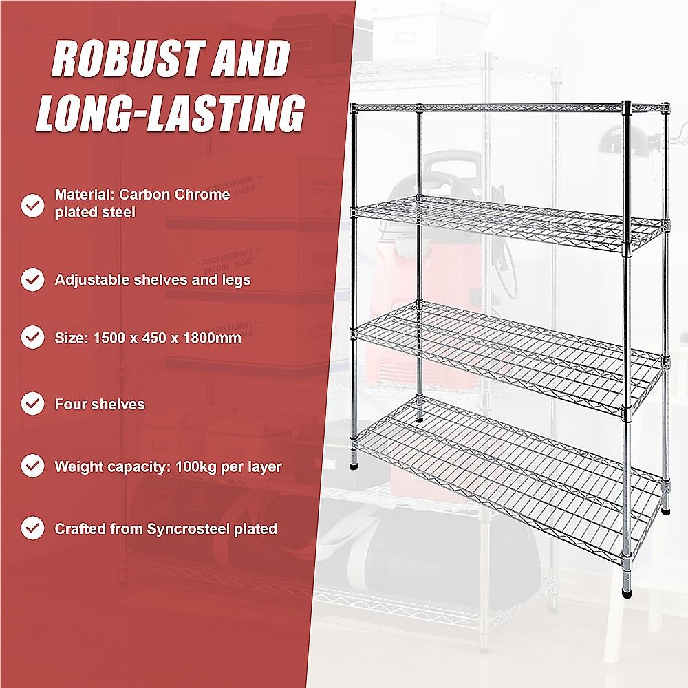 Wire Storage Rack – 150x45cm Chrome Shelving with Fixed Legs