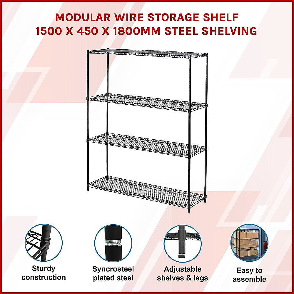 Modular Wire Storage 150x45cm Steel Shelving Black With Fixed Legs For Garage Warehouse Or Kitchen Organisation