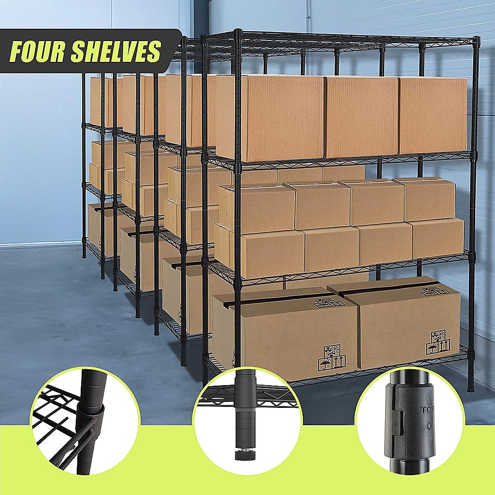 Modular Wire Storage 150x45cm Steel Shelving Black With Fixed Legs For Garage Warehouse Or Kitchen Organisation