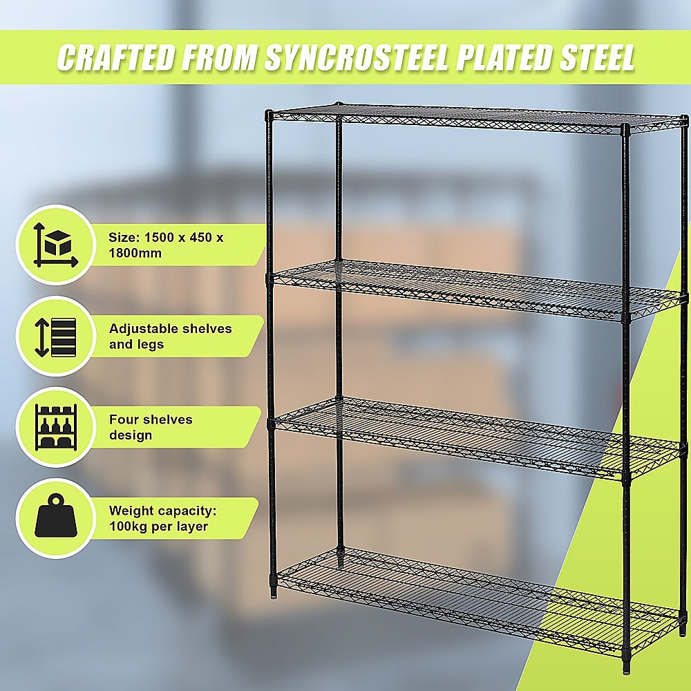 Modular Wire Storage 150x45cm Steel Shelving Black With Fixed Legs For Garage Warehouse Or Kitchen Organisation