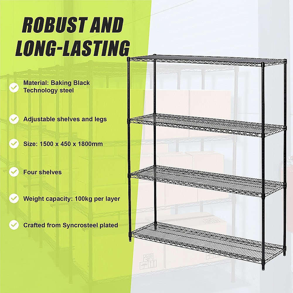 Modular Wire Storage 150x45cm Steel Shelving Black With Fixed Legs For Garage Warehouse Or Kitchen Organisation