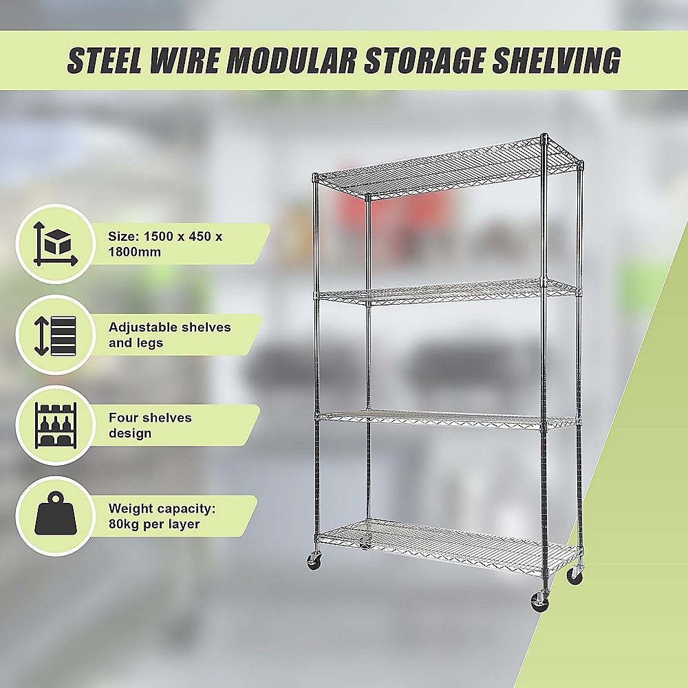 Wire Storage Rack – 150x45cm Chrome Shelving with Wheels