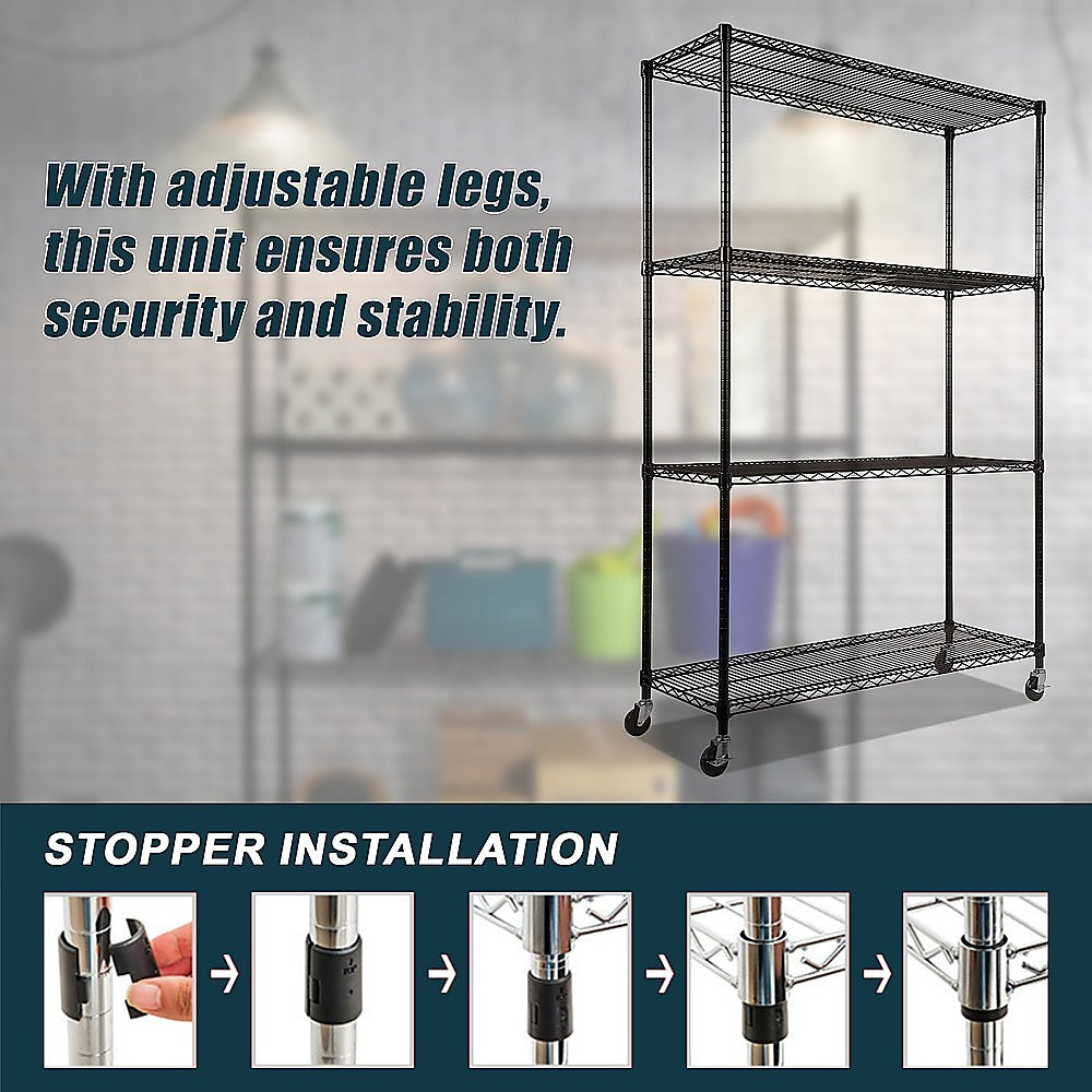 Modular Wire Storage 150x45cm Steel Shelving Black With Wheels For Garage Warehouse Or Kitchen Organisation