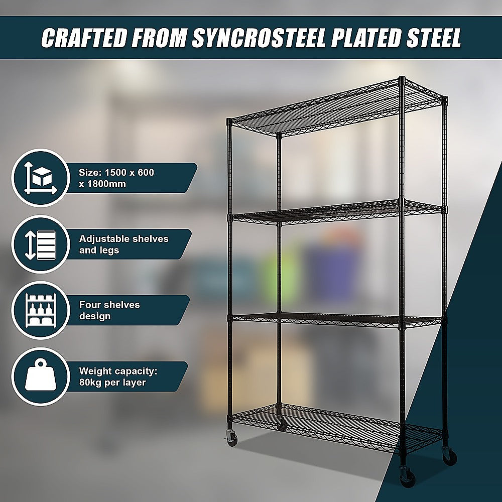 Modular Wire Storage 150x45cm Steel Shelving Black With Wheels For Garage Warehouse Or Kitchen Organisation