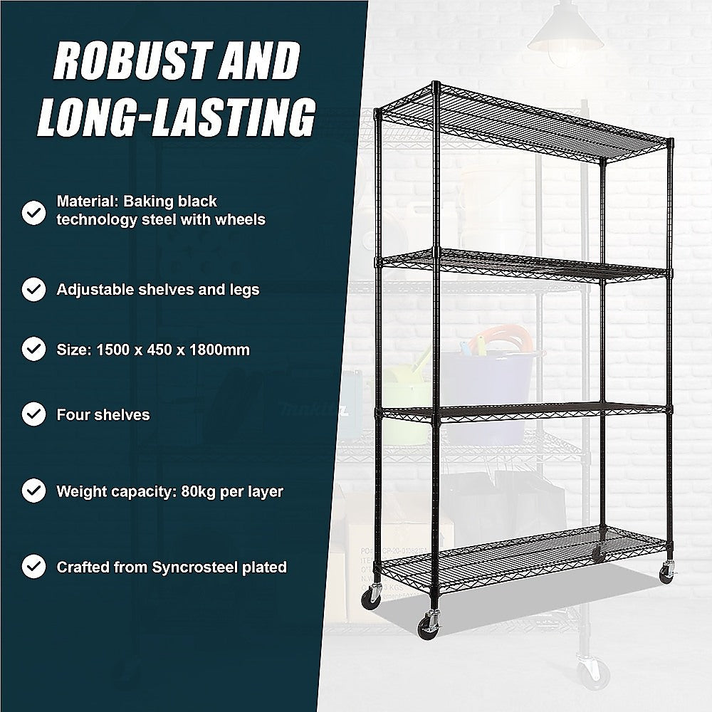 Modular Wire Storage 150x45cm Steel Shelving Black With Wheels For Garage Warehouse Or Kitchen Organisation