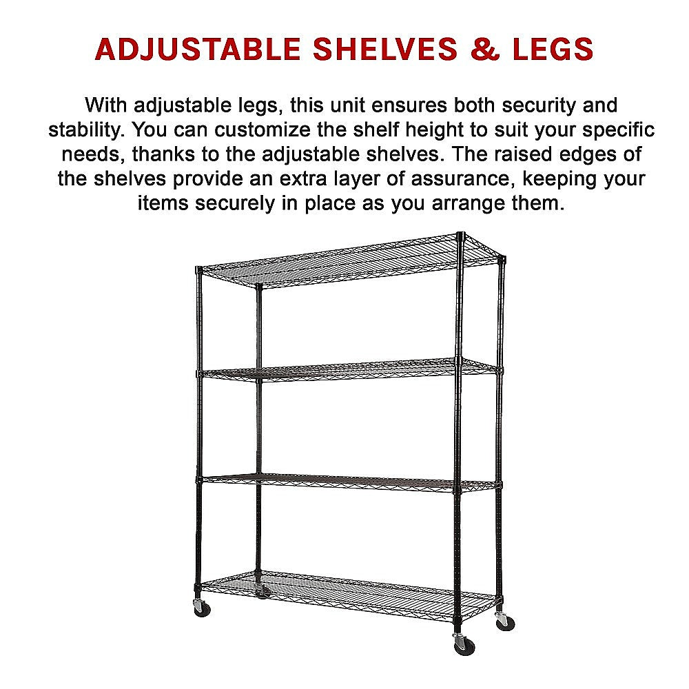 Modular Wire Storage 150x45cm Steel Shelving Black With Wheels For Garage Warehouse Or Kitchen Organisation