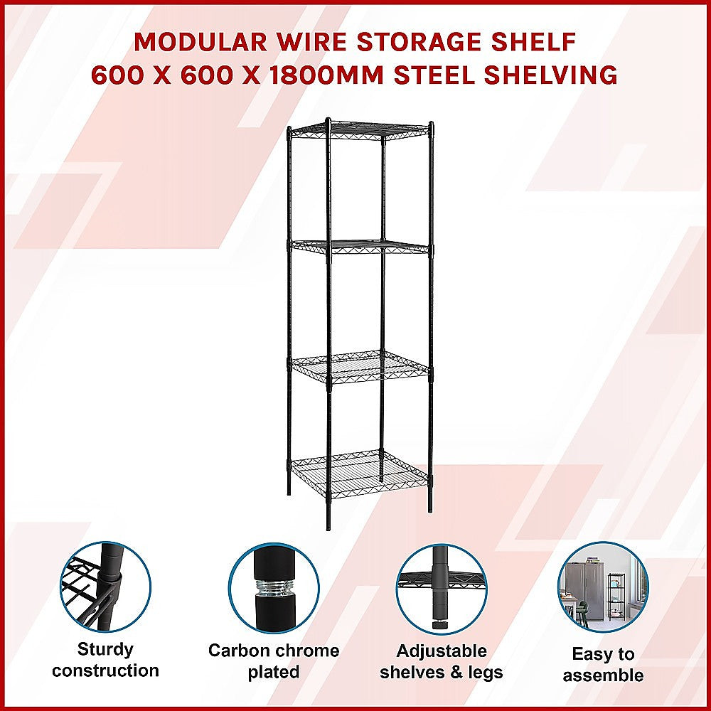 Modular Wire Storage 60x60cm Steel Shelving Black With Fixed Legs For Garage Warehouse Or Kitchen Organisation