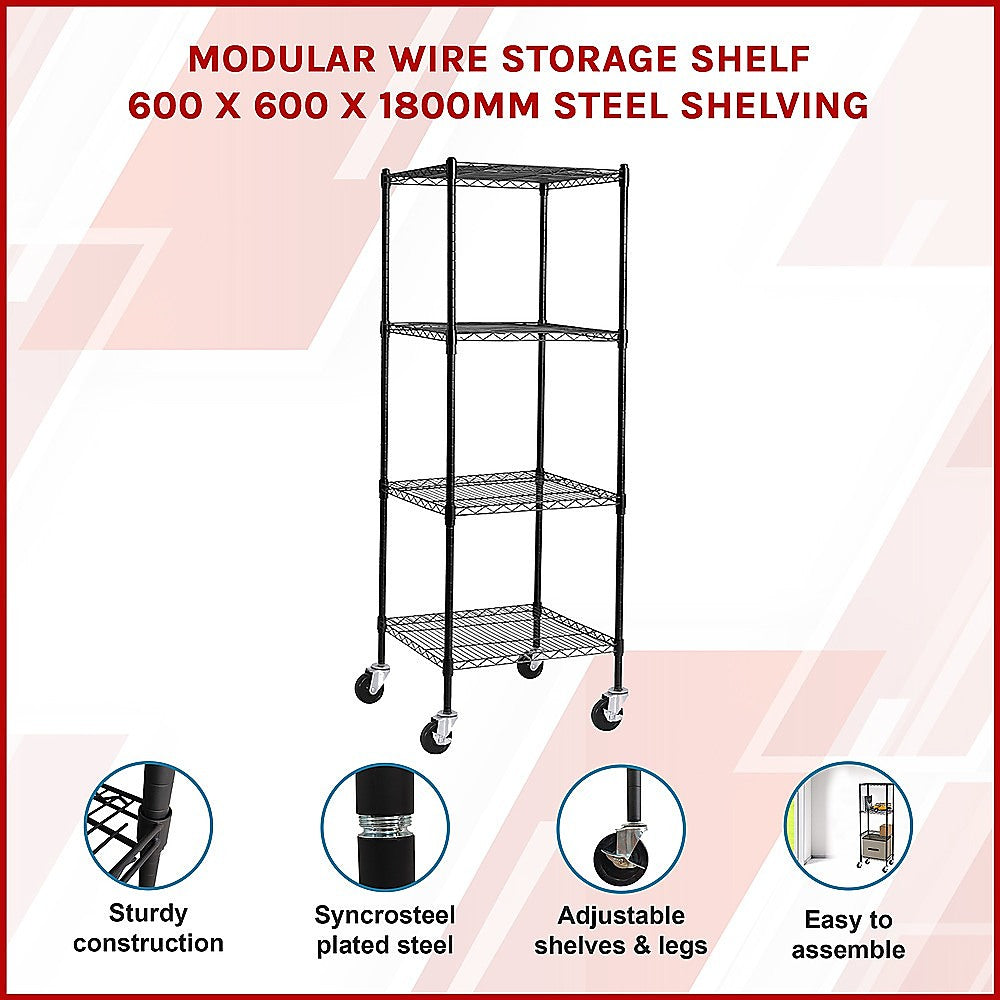 Modular Wire Storage 60x60cm Steel Shelving Black With Wheels For Garage Warehouse Or Kitchen Organisation