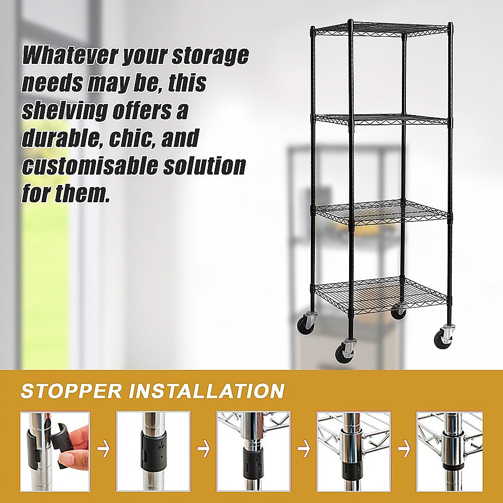 Modular Wire Storage 60x60cm Steel Shelving Black With Wheels For Garage Warehouse Or Kitchen Organisation