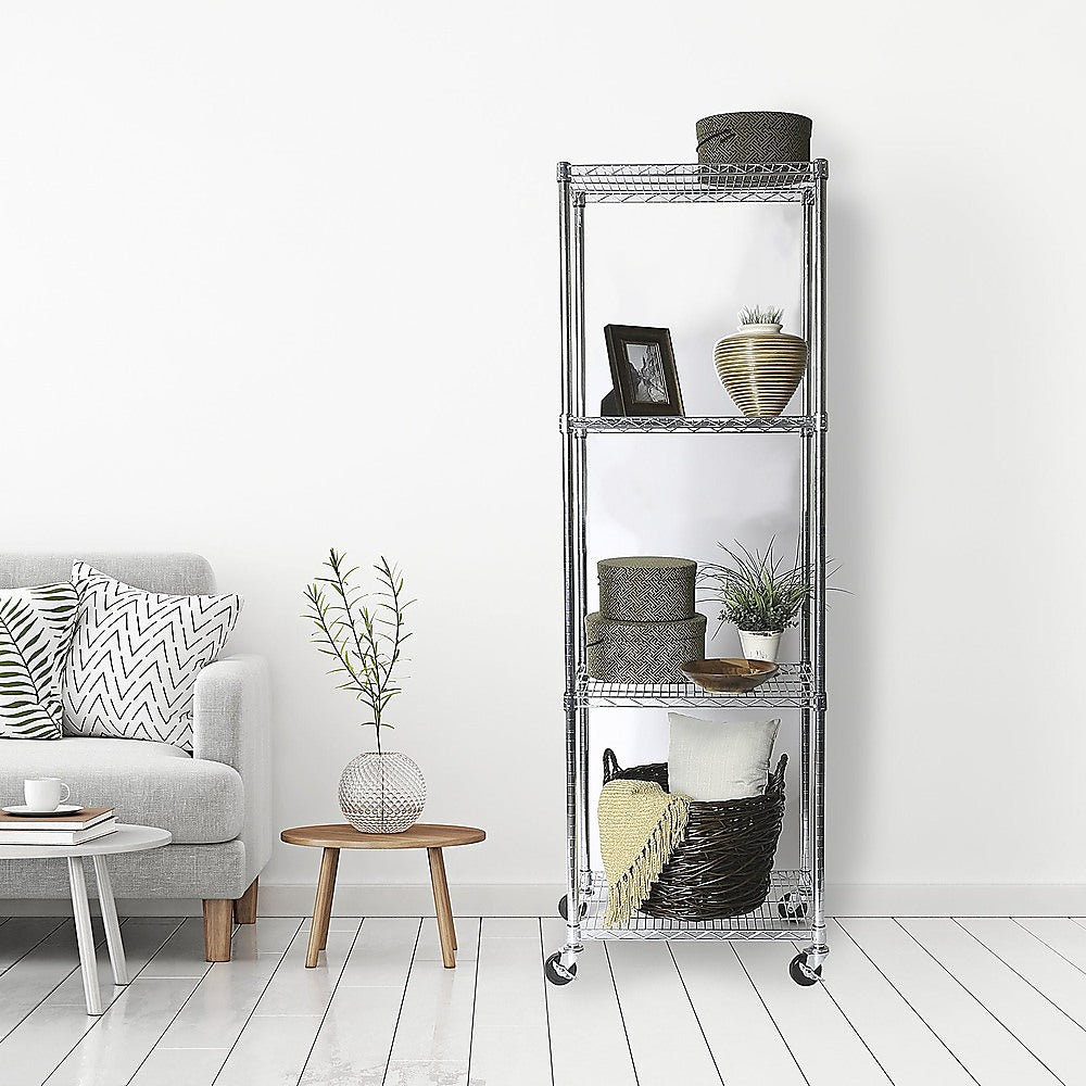 Modular Wire Storage 45x45cm Steel Shelving Chrome With Wheels For Garage Warehouse Or Kitchen Organisation