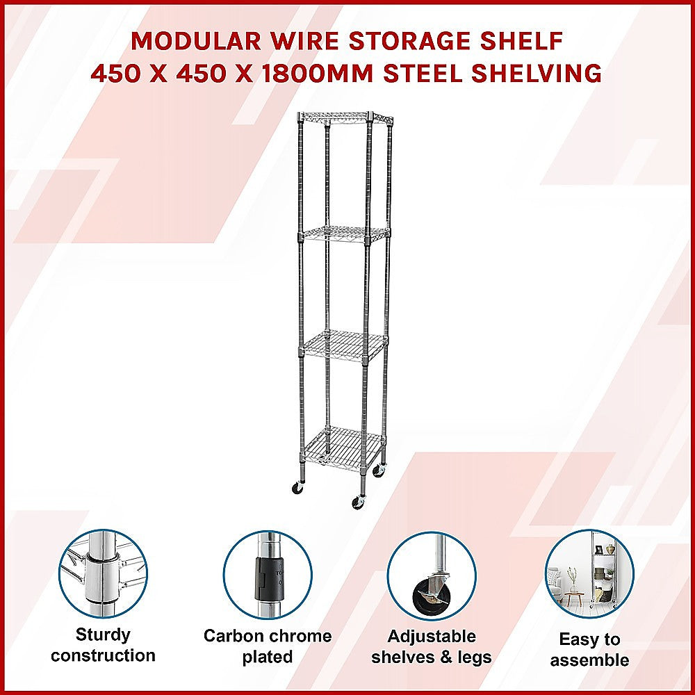 Modular Wire Storage 45x45cm Steel Shelving Chrome With Wheels For Garage Warehouse Or Kitchen Organisation