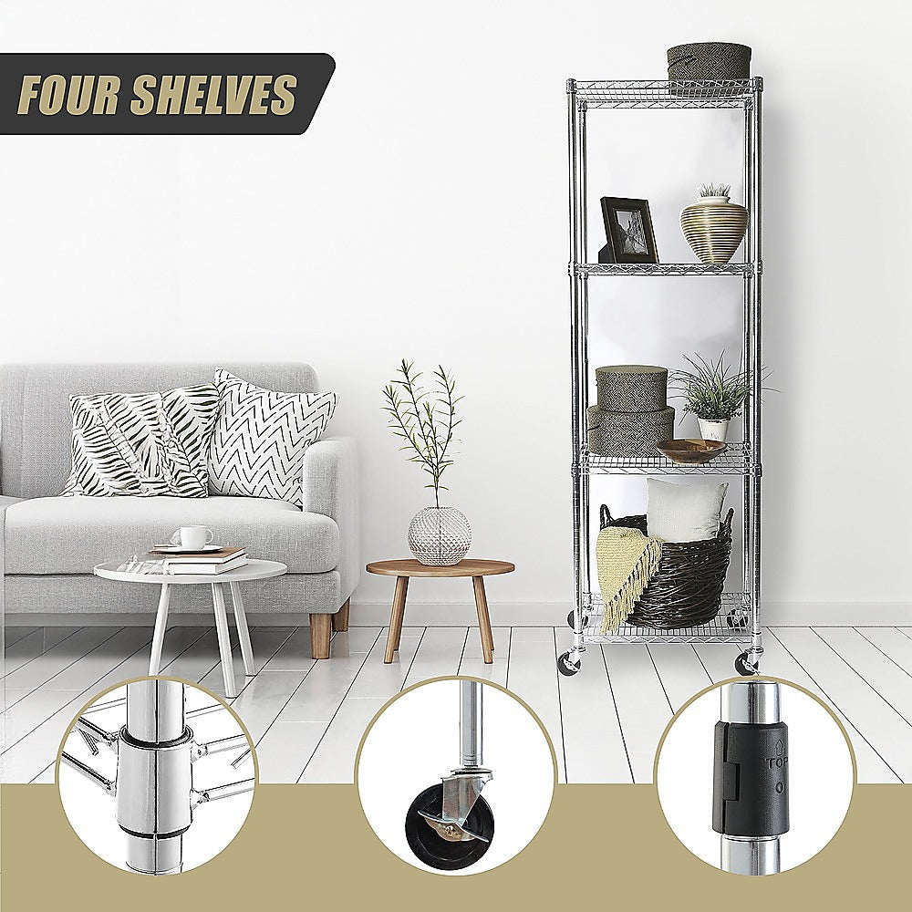 Modular Wire Storage 45x45cm Steel Shelving Chrome With Wheels For Garage Warehouse Or Kitchen Organisation
