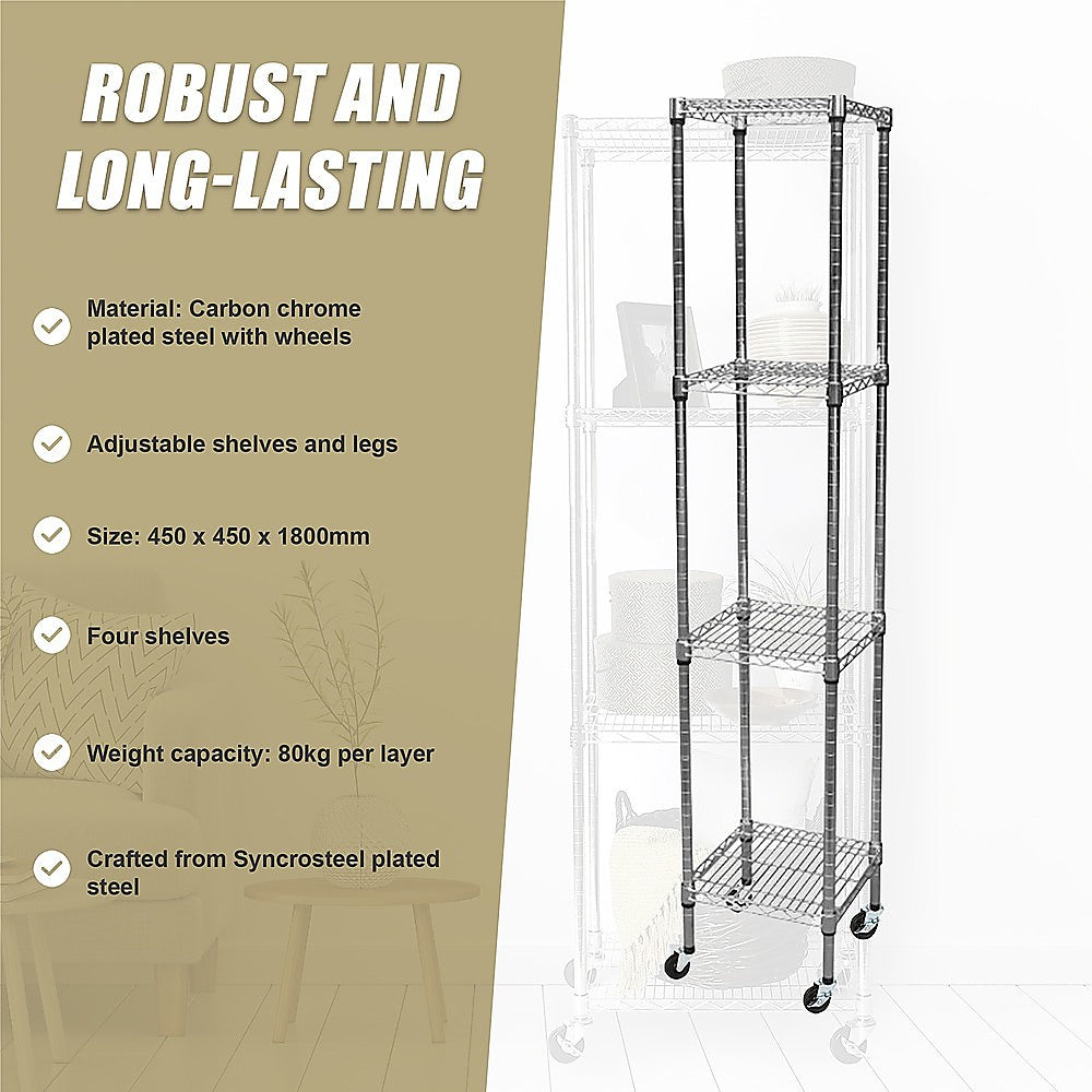 Modular Wire Storage 45x45cm Steel Shelving Chrome With Wheels For Garage Warehouse Or Kitchen Organisation