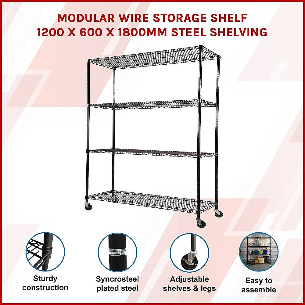 Modular Wire Storage 120x60cm Steel Shelving Black With Fixed Legs For Garage Warehouse Or Kitchen Organisation