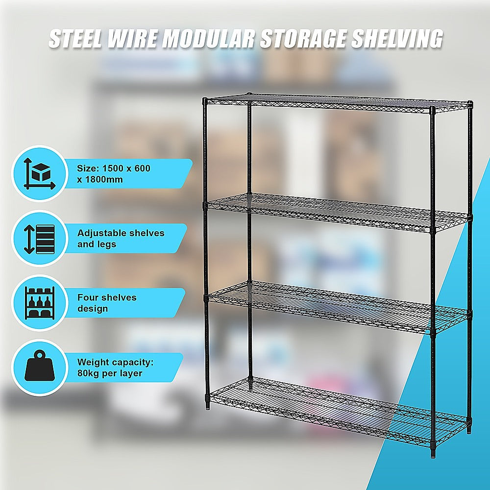 Modular Wire Storage 120x60cm Steel Shelving Black With Fixed Legs For Garage Warehouse Or Kitchen Organisation