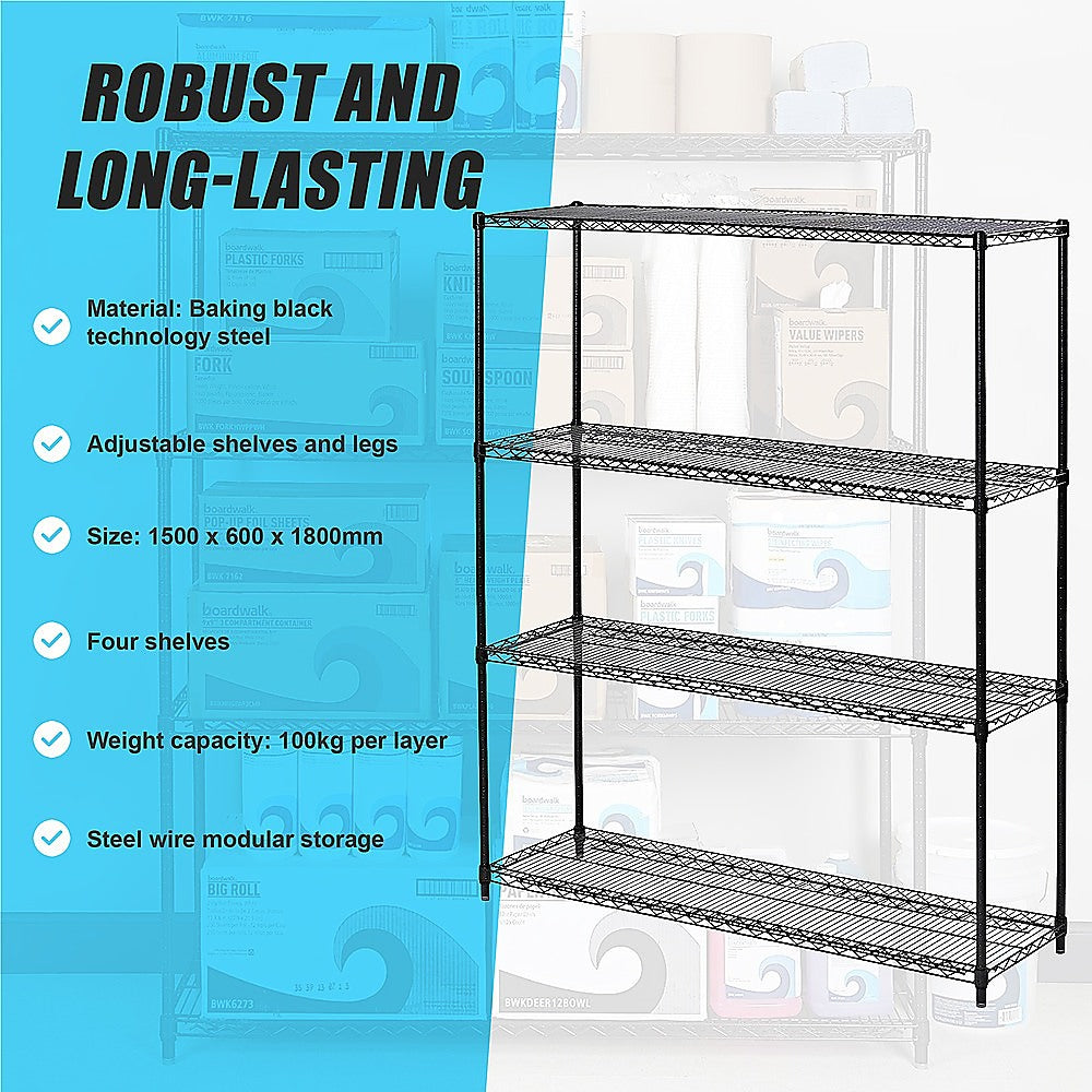 Modular Wire Storage 120x60cm Steel Shelving Black With Fixed Legs For Garage Warehouse Or Kitchen Organisation
