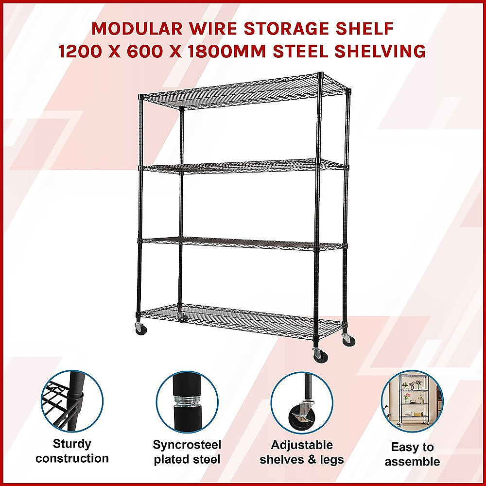 Modular Wire Storage 120x60cm Steel Shelving Black With Wheels For Garage Warehouse Or Kitchen Organisation