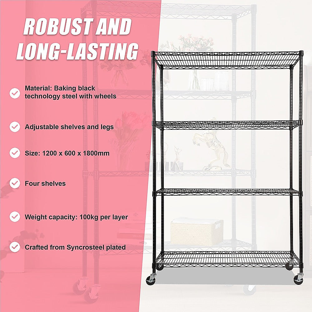 Modular Wire Storage 120x60cm Steel Shelving Black With Wheels For Garage Warehouse Or Kitchen Organisation