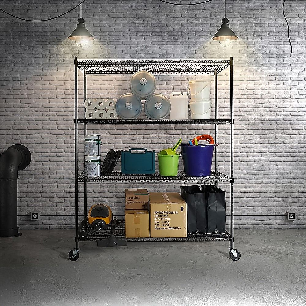 Modular Wire Storage 150x35cm Steel Shelving Black With Wheels For Garage Warehouse Or Kitchen Organisation