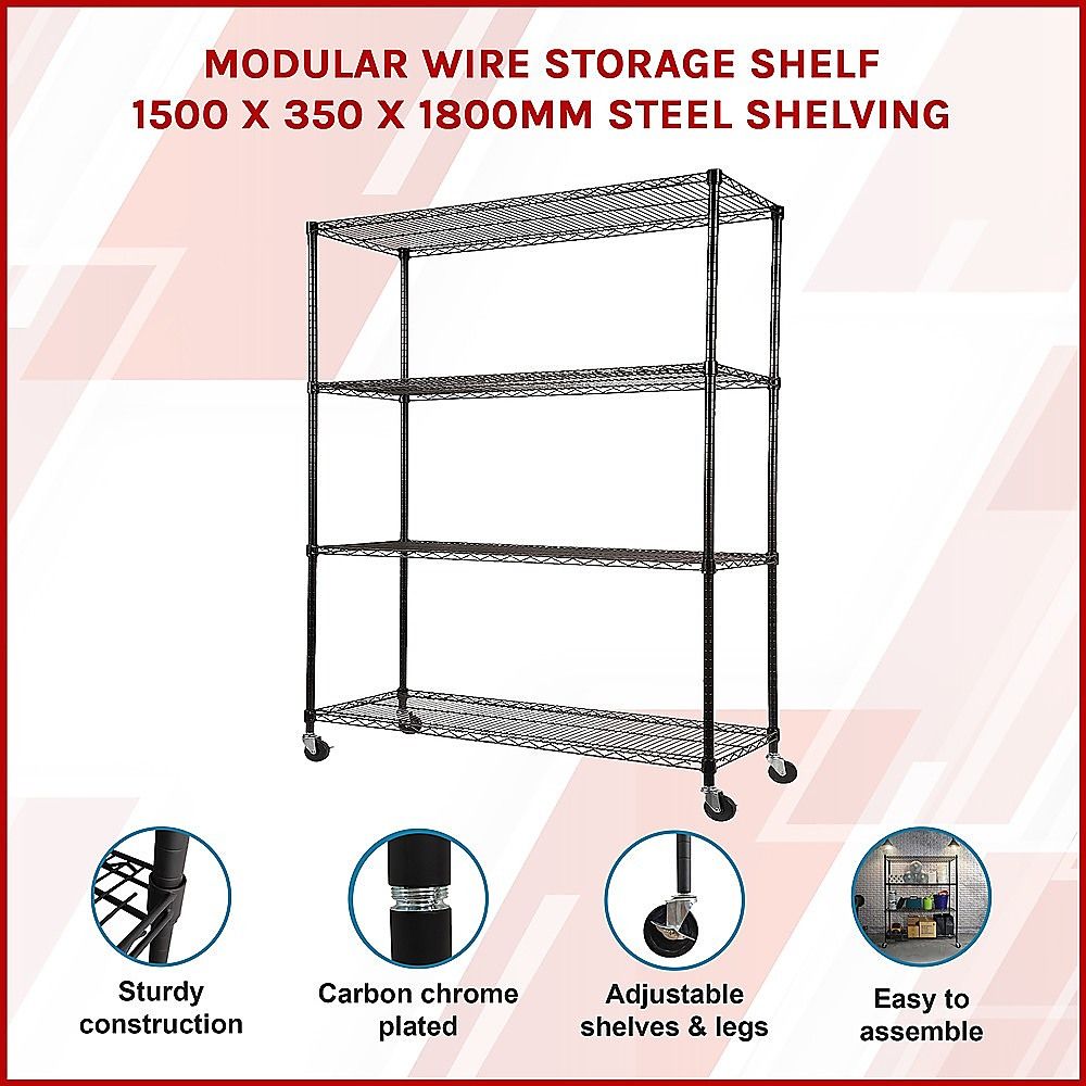 Modular Wire Storage 150x35cm Steel Shelving Black With Wheels For Garage Warehouse Or Kitchen Organisation