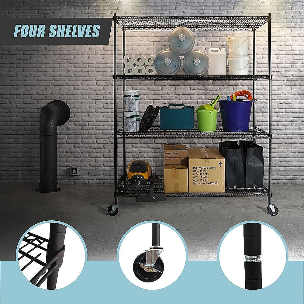 Modular Wire Storage 150x35cm Steel Shelving Black With Wheels For Garage Warehouse Or Kitchen Organisation