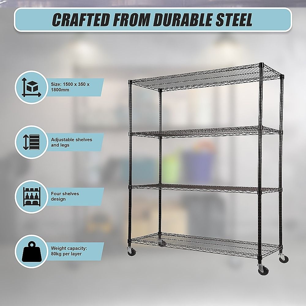 Modular Wire Storage 150x35cm Steel Shelving Black With Wheels For Garage Warehouse Or Kitchen Organisation