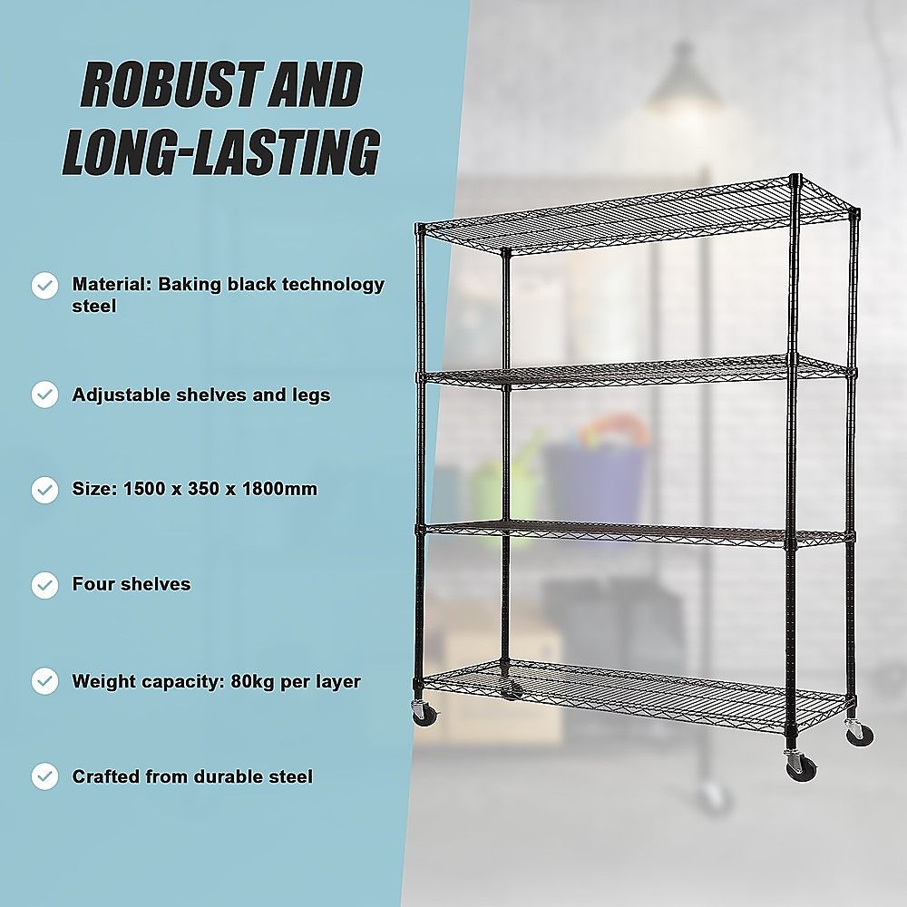 Modular Wire Storage 150x35cm Steel Shelving Black With Wheels For Garage Warehouse Or Kitchen Organisation