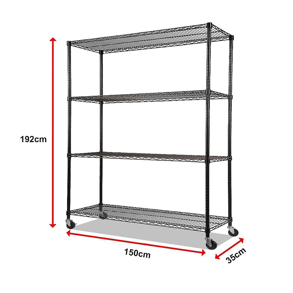 Modular Wire Storage 150x35cm Steel Shelving Black With Wheels For Garage Warehouse Or Kitchen Organisation