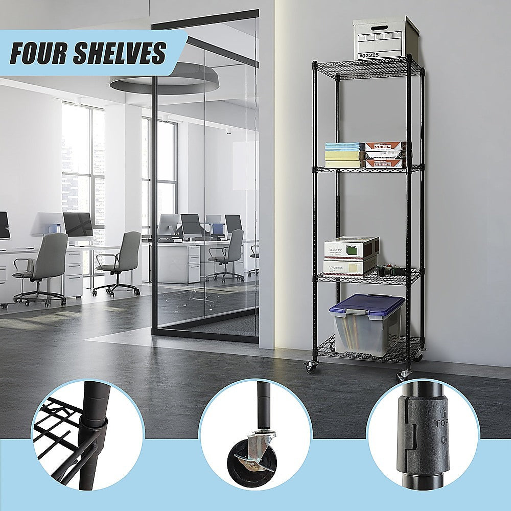 Modular Wire Storage 35x35cm Steel Shelving Black With Wheels For Garage Warehouse Or Kitchen Organisation