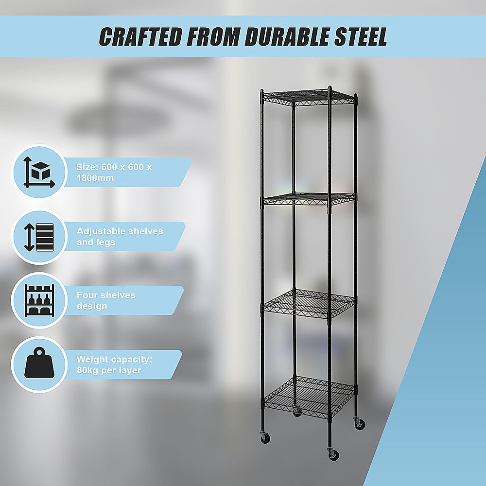 Modular Wire Storage 35x35cm Steel Shelving Black With Wheels For Garage Warehouse Or Kitchen Organisation