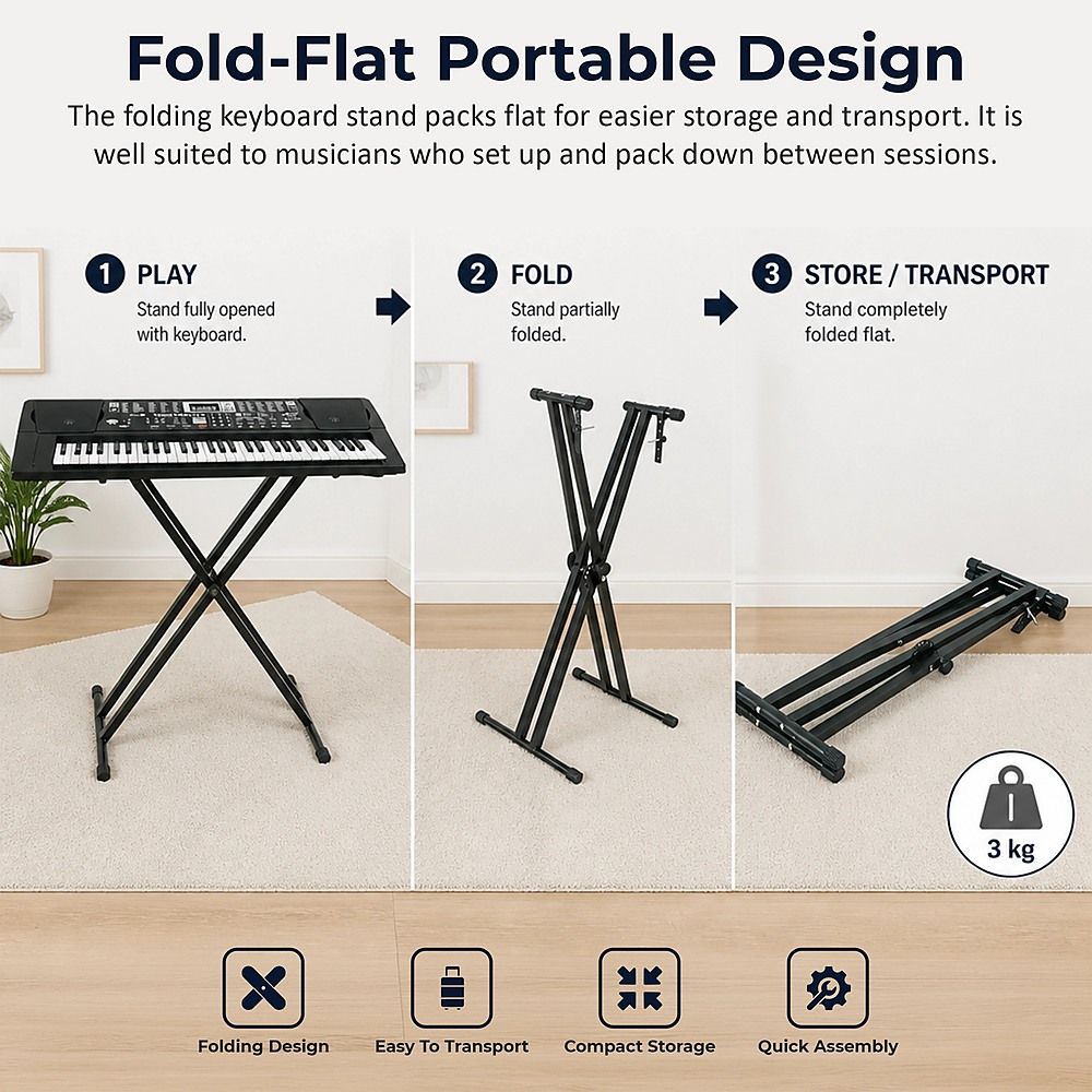 Adjustable Iron Keyboard Piano Stand, X-Frame, 46.5cm to 97cm Height Range