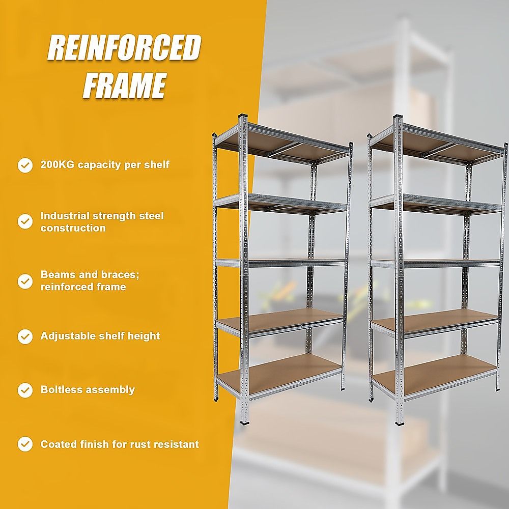 2x 1.8m Garage Shelving Unit, 5-Tier Warehouse Rack, 200kg per Shelf Set