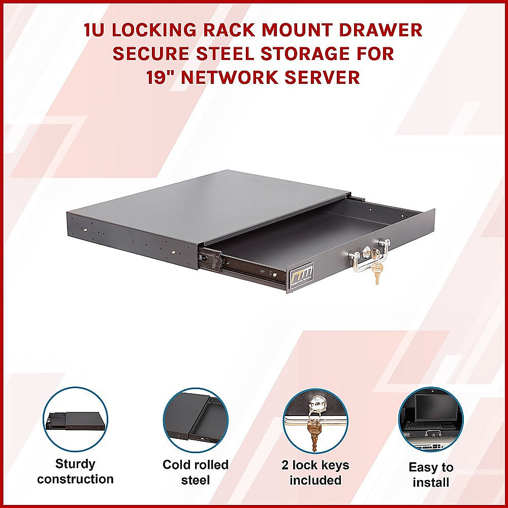 1U Locking Rack Mount Drawer Secure Steel Storage for 19