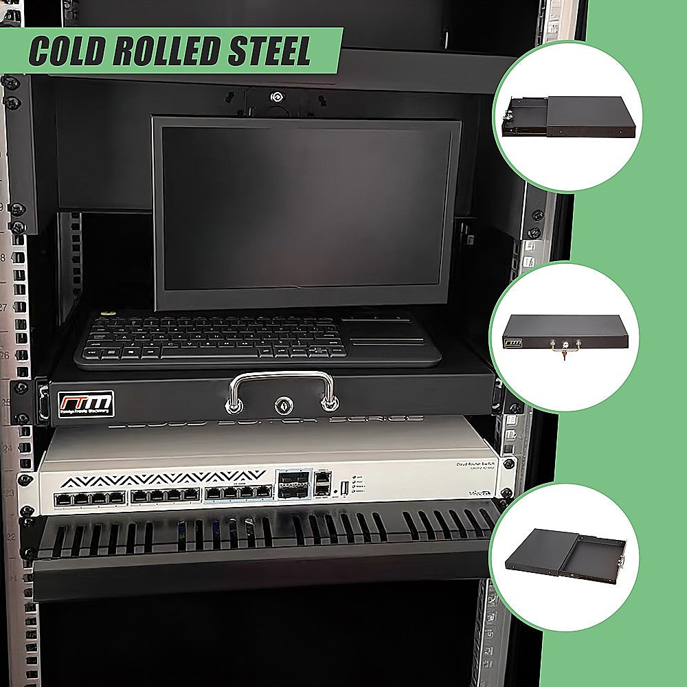 1U Locking Rack Mount Drawer Secure Steel Storage for 19