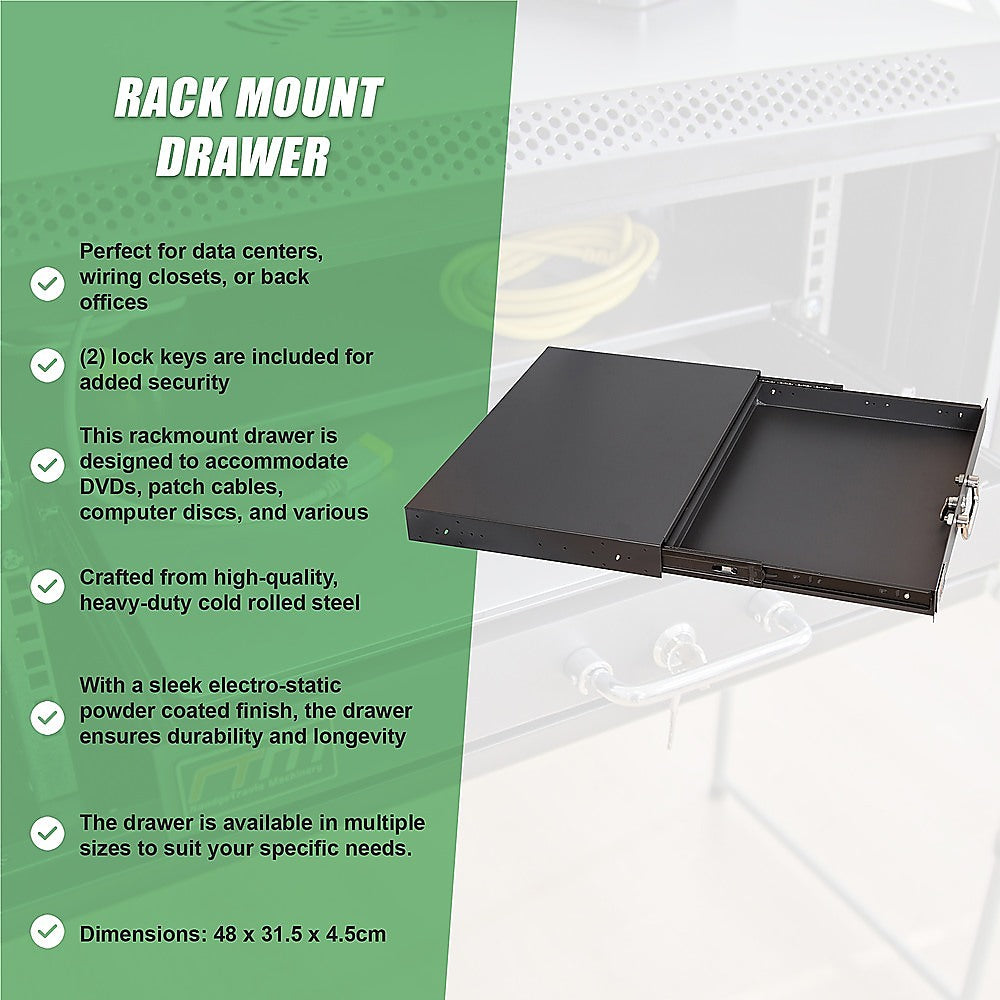 1U Locking Rack Mount Drawer Secure Steel Storage for 19