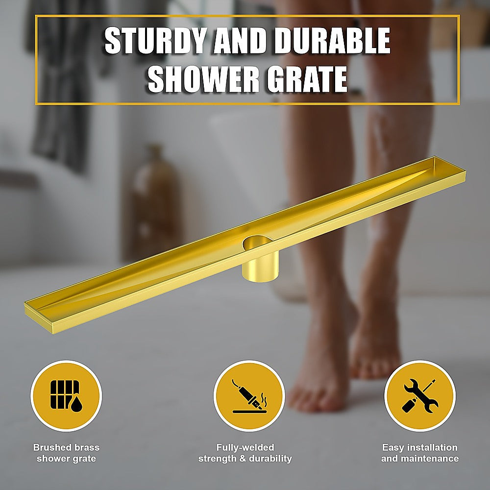 900mm Bathroom Shower Brushed Brass Grate Drain w/ Centre outlet Floor Waste Square Pattern