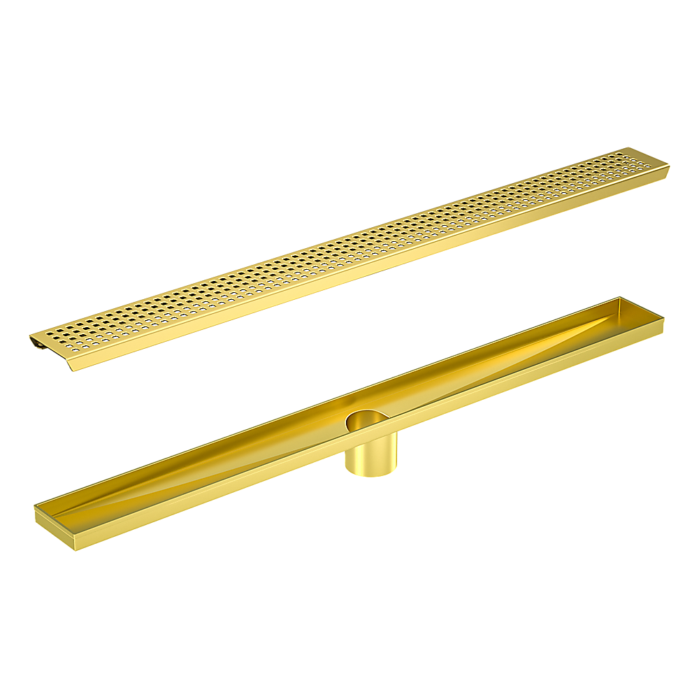 900mm Bathroom Shower Brushed Brass Grate Drain w/ Centre outlet Floor Waste Square Pattern