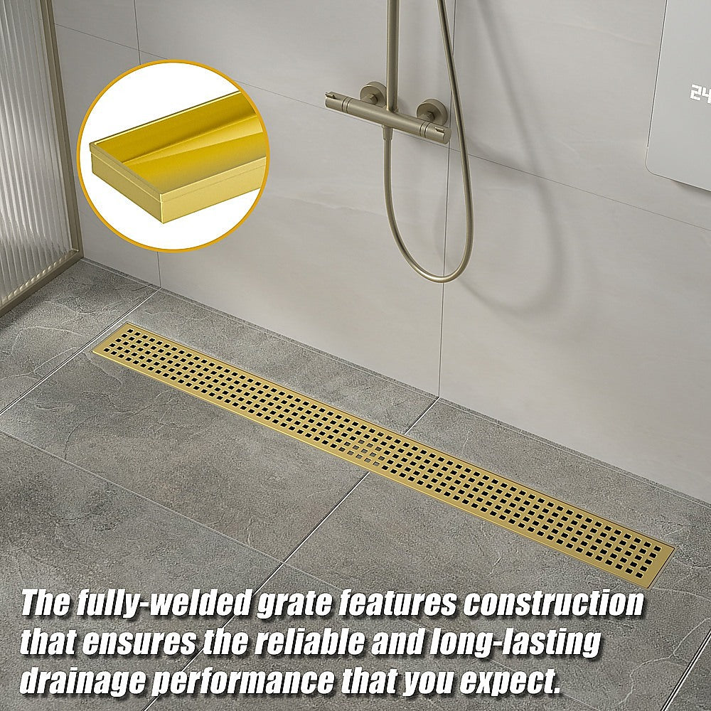 800mm Bathroom Shower Brushed Brass Grate Drain w/ Centre outlet Floor Waste