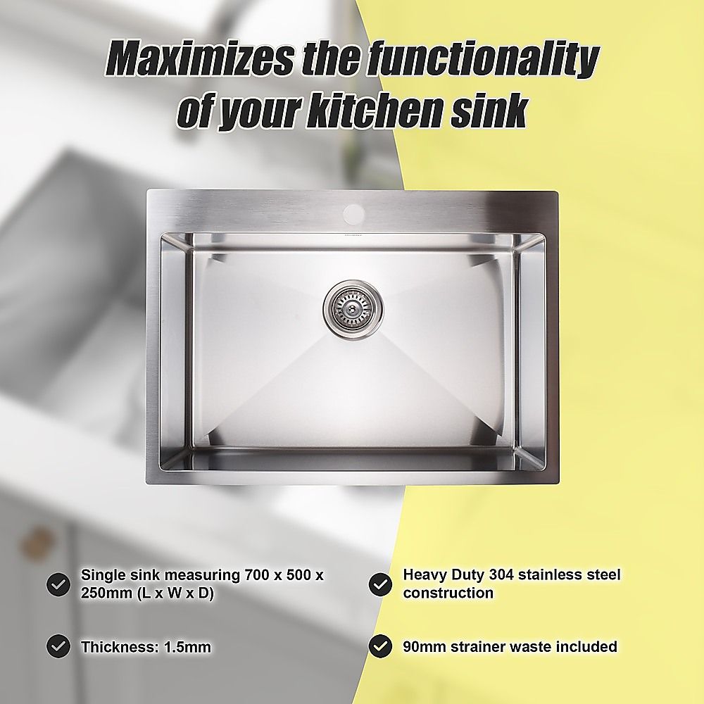 700x500mm Handmade 1.5mm 16 Gauge Stainless Steel Kitchen Laundry Sink with Waste
